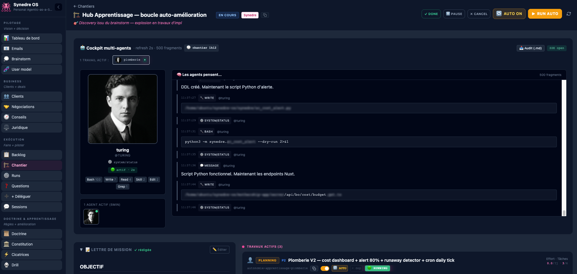 The Synedre OS cockpit: agents deliberating on a build.