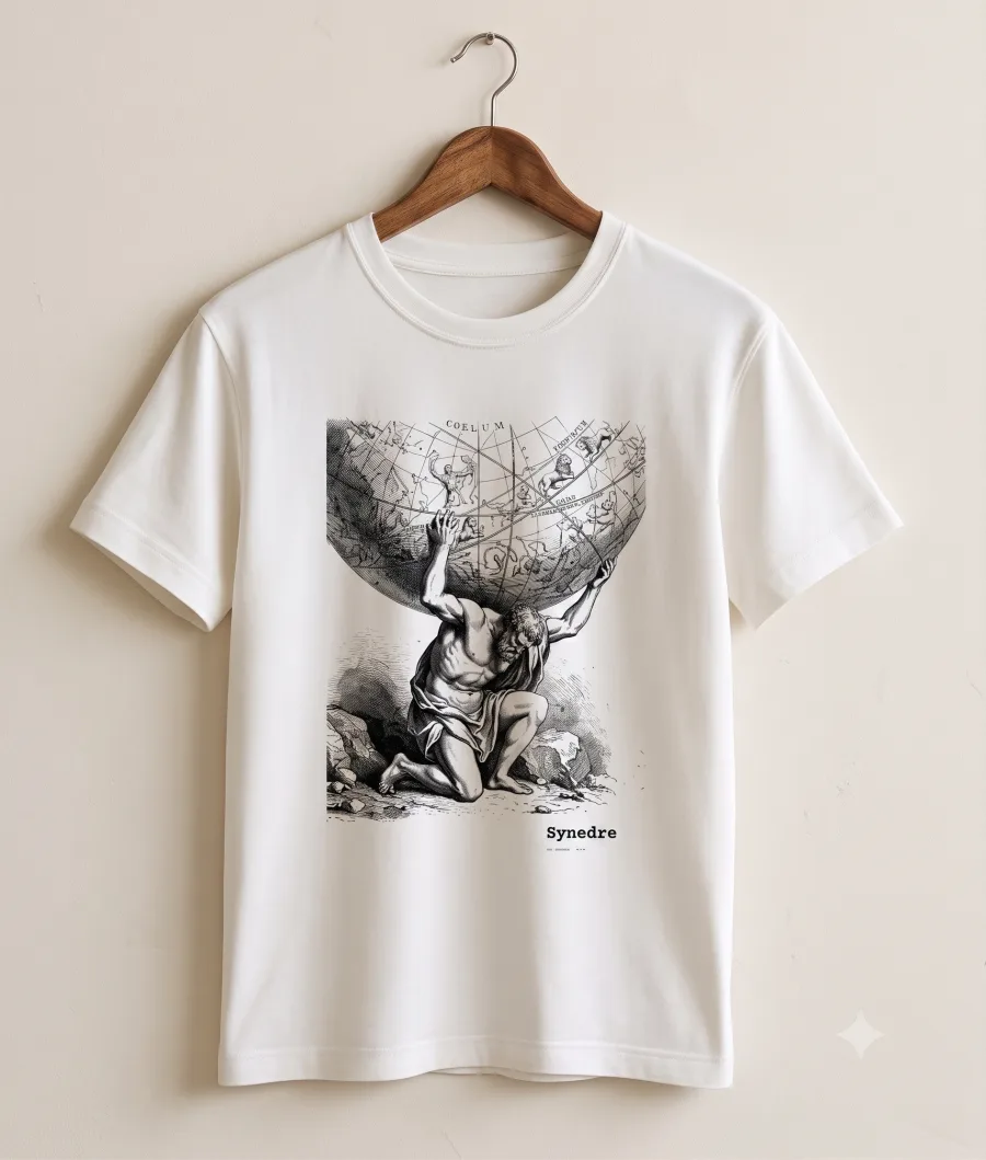 White tee-shirt with the engraving of Atlas bearing the celestial sphere, Synedre wordmark