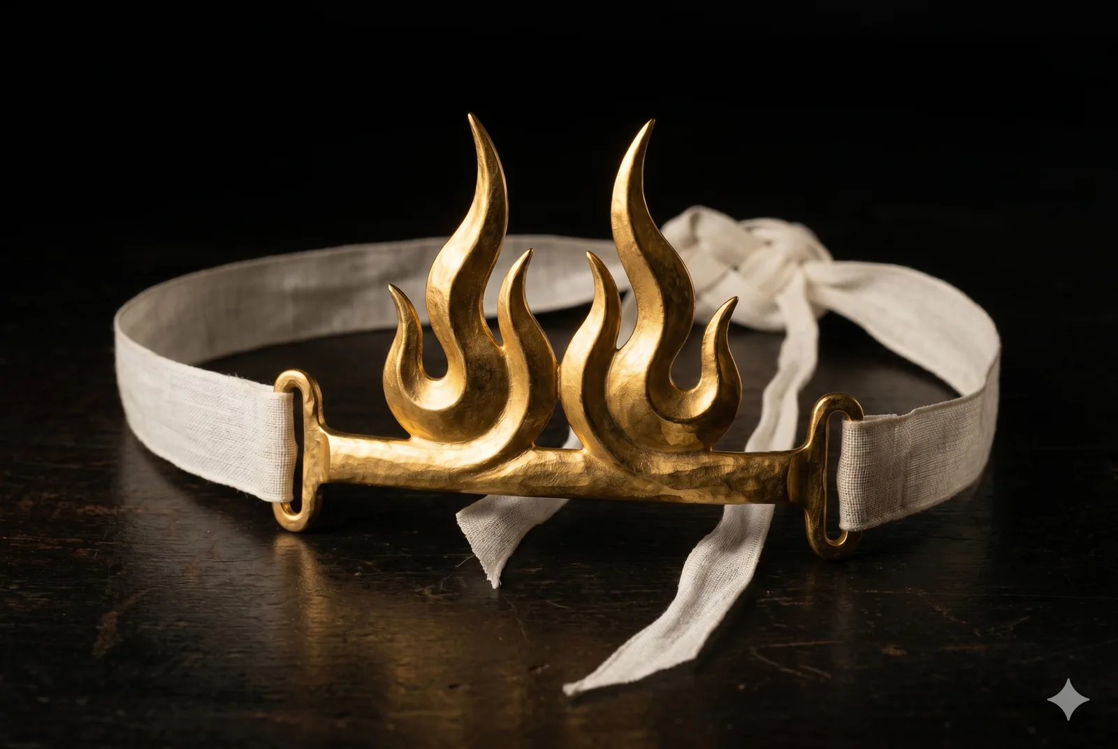 The Golden Band — gold flame-clasp (the 金箍) and knotted white linen ribbon (the diadem), on black.
