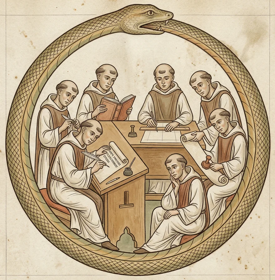 Medieval illumination — seven monks in council around a lectern, encircled by a golden Ouroboros.