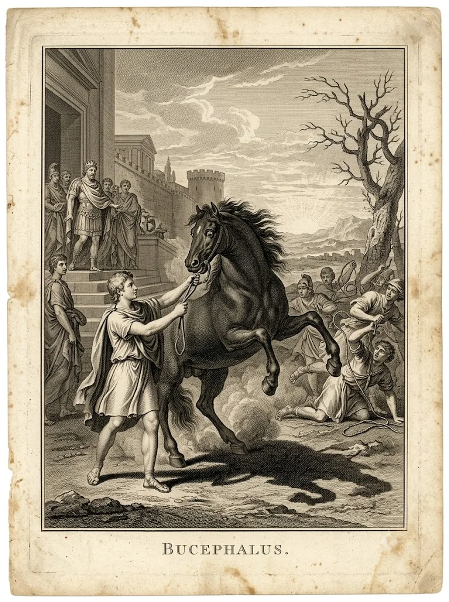 Engraving of Bucephalus: the black horse rears in the dust while the boy Alexander, holding the bridle close to the bit, turns his head toward the rising sun; his vast shadow stretches across the ground behind him, the grooms fall back with dropped ropes, and King Philip looks on from the steps.