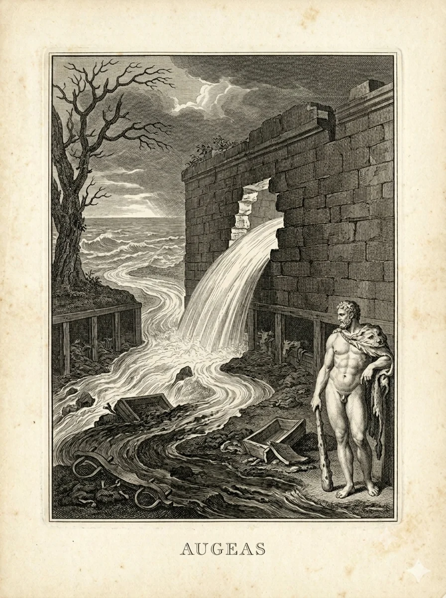 Gravure ancienne dans le style de Bernard Picart : le cinquième travail d'Héraclès, les Écuries d'Augias. Le héros a percé le mur et détourné un fleuve dont le courant balaie le fumier des années vers la mer ; à sa sortie, le fleuve dessine une boucle qui évoque un serpent se refermant sur sa queue. Il n'a pas frotté — il a laissé l'eau faire.