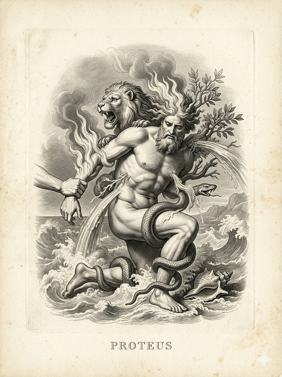Gravure de Protée, le Vieillard de la Mer, saisi en pleine métamorphose — un lion, un serpent, une flamme, un arbre et l’eau jaillissant d’un seul corps, tandis qu’une main lui tient le poignet.