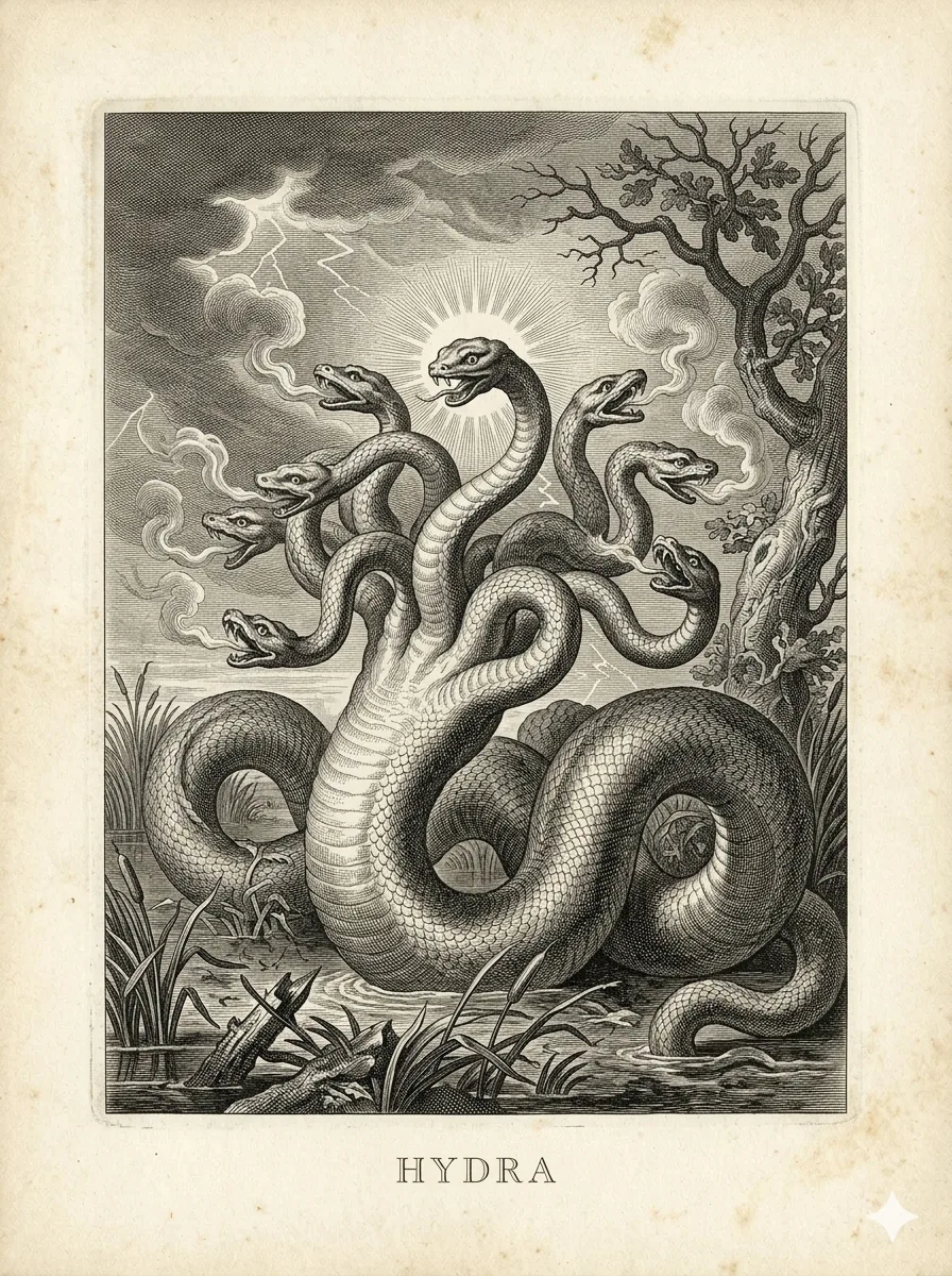 Gravure ancienne dans le style de Bernard Picart : l'Hydre de Lerne, serpent à têtes multiples surgissant des marais, la tête centrale nimbée d'un halo — la tête immortelle.