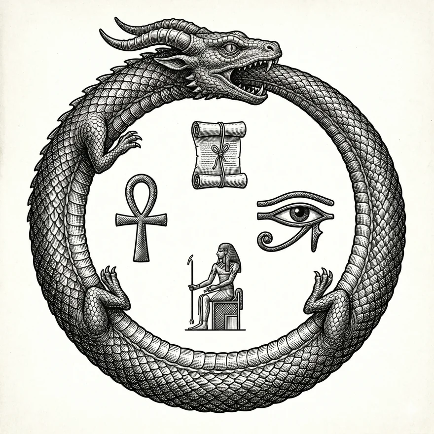 Engraving of the Ouroboros — the serpent biting its tail, encircling Egyptian signs: the Ankh, the parchment, the Eye of Horus and the seated sovereign-scribe.