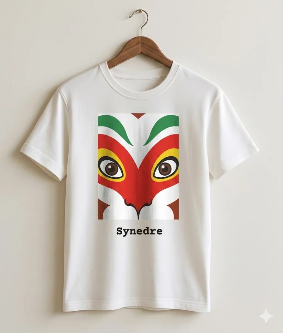 White tee-shirt with the Monkey King opera mask — the Fiery Eyes with golden pupils, Synedre wordmark