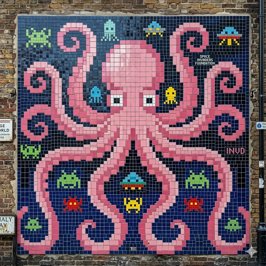 Pixel-art mosaic in street-art style: a pink octopus surrounded by little 8-bit invaders, set on a wall.