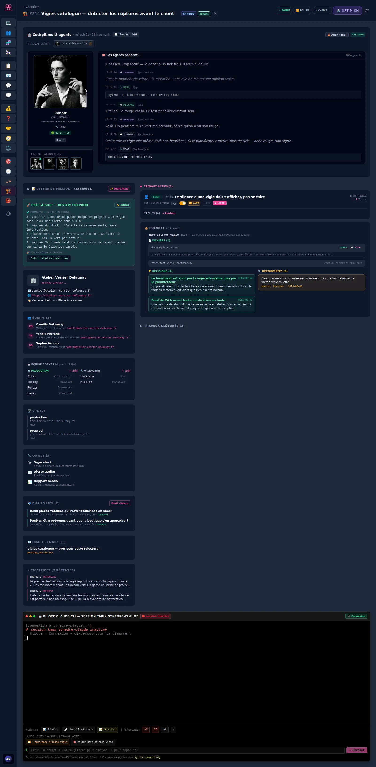 Video of a project cockpit: agents take turns, their reasoning and commands scroll past, the tasks move forward.